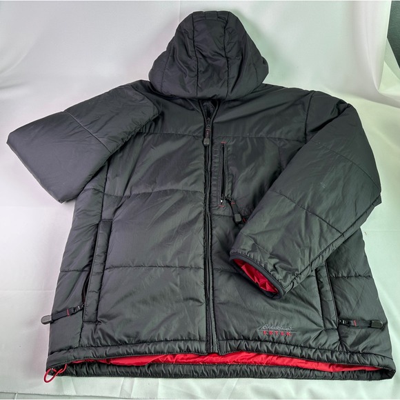 Eddie Bauer EBTEK Mens L Black Red Primaloft Puffer Jacket Hooded Insulated Coat - Picture 1 of 10